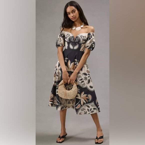NWT Anthropologie Maeve Puff Sleeve Sweetheart Dress Neutral Motif Size 0 - Picture 1 of 8